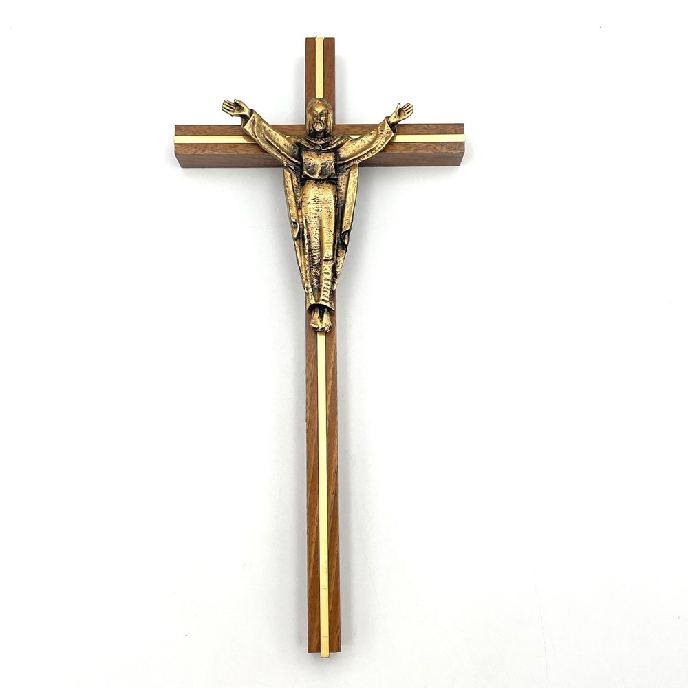 Vintage Mid Century Modern Walnut Wall Cross Brass Risen Christ Crucifix 10"
